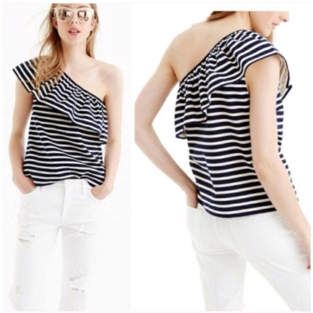 NEW J Crew One Shoulder Ruffle Top Blue White
